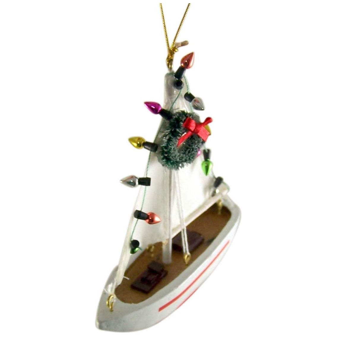 Wooden Red Sailboat with Wreath & Lights Christmas Tree Ornament (Set of 2)