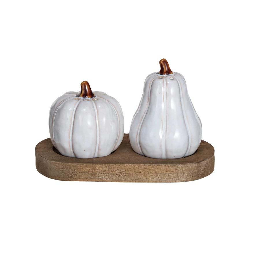 White Pumpkins Salt & Pepper Shakers with Wood Tray, Set of 3