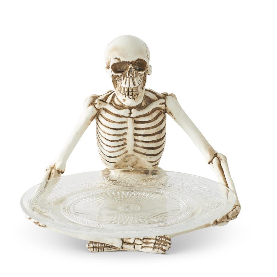 Sitting Skeleton Holding a Glass Plate