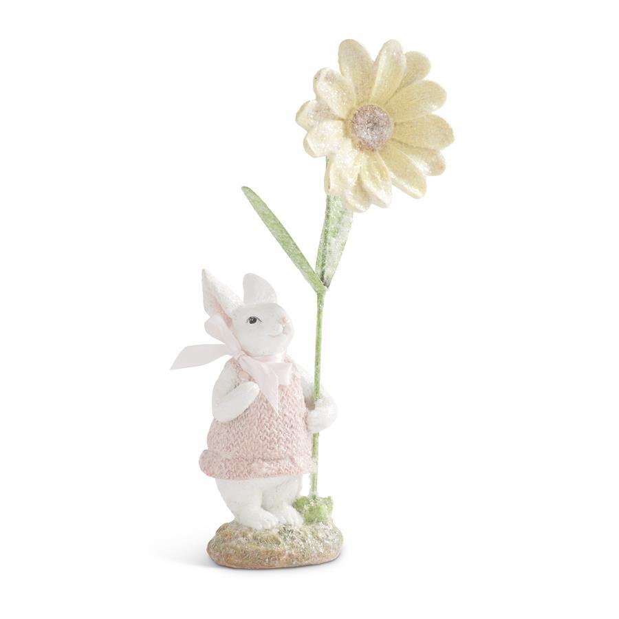 Glitter Bunny Rabbit in Pink Dress and Bow Holding Large Daisy Flower