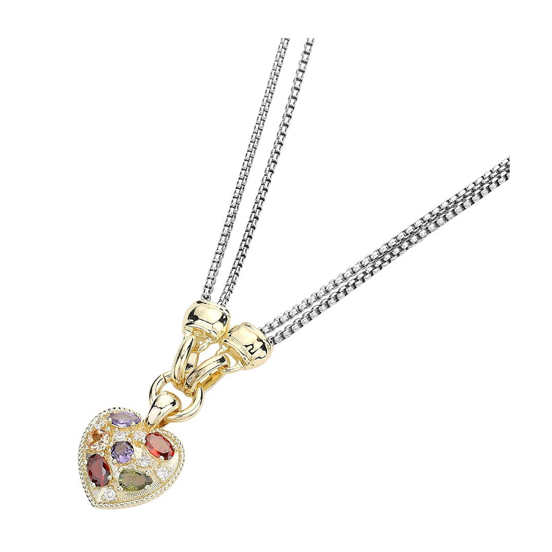 14K Gold Plated Cubic Zirconia Heart Pendant Double Chain Toggle Necklace
