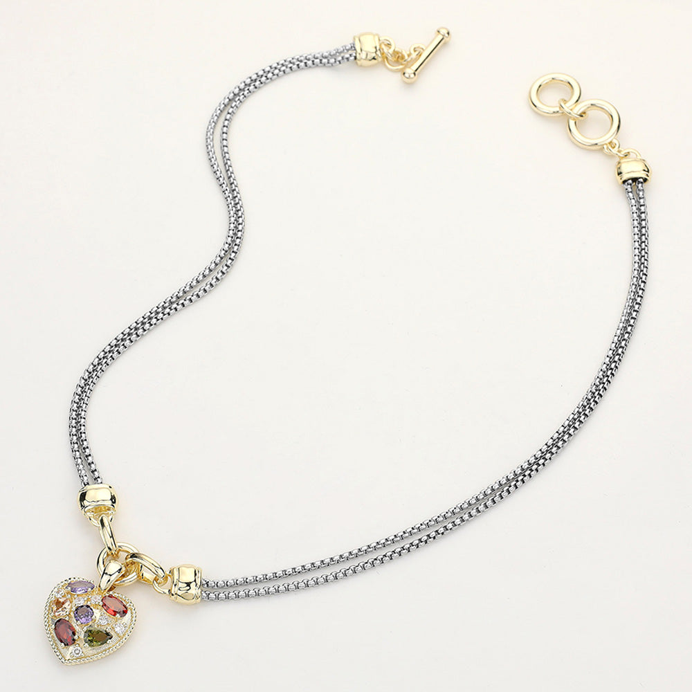 14K Gold Plated Cubic Zirconia Heart Pendant Double Chain Toggle Necklace
