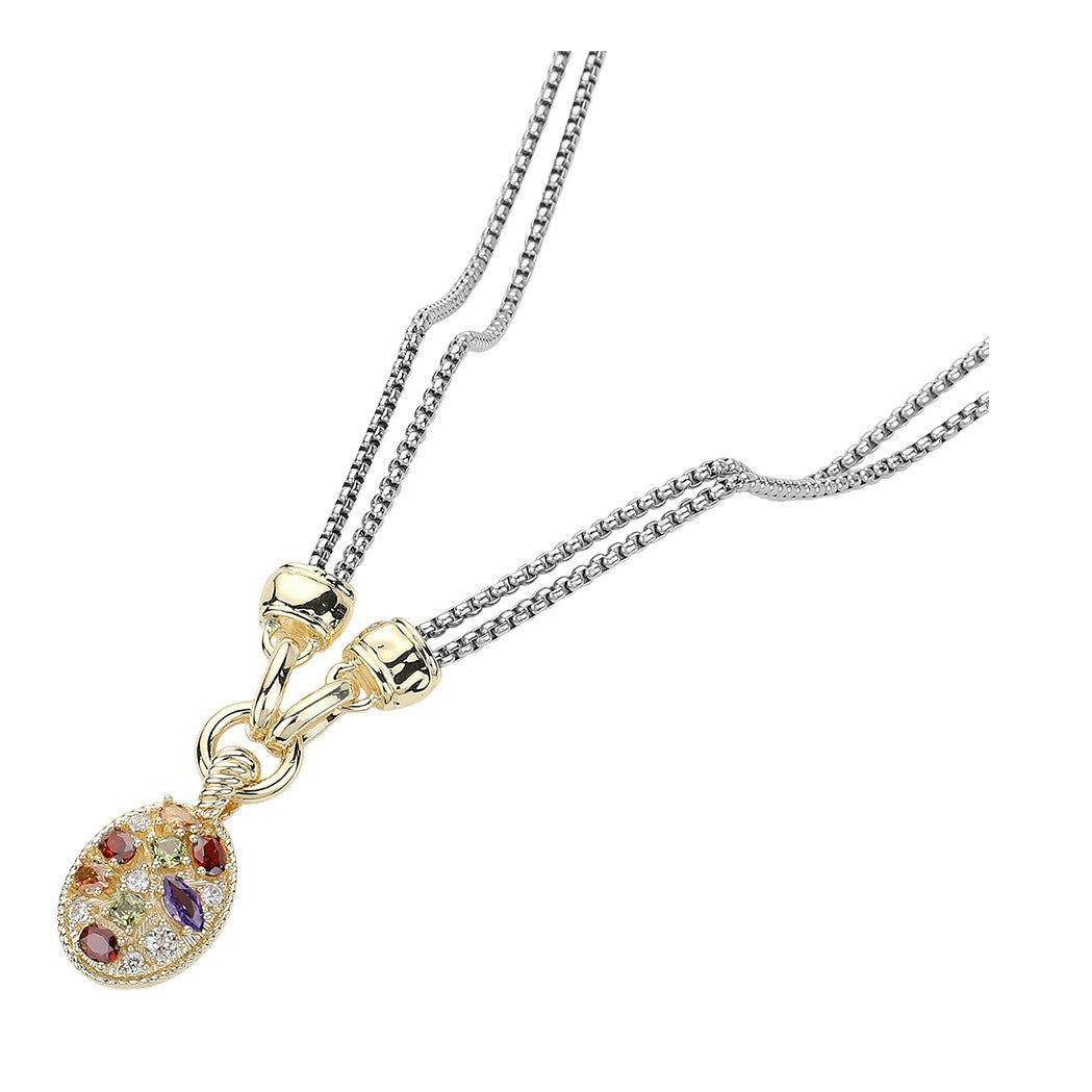 14K Gold Plated CZ Stone Oval Pendant Double Chain Toggle Necklace