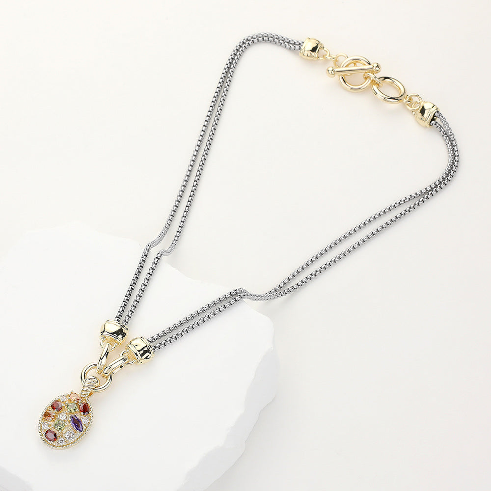 14K Gold Plated CZ Stone Oval Pendant Double Chain Toggle Necklace