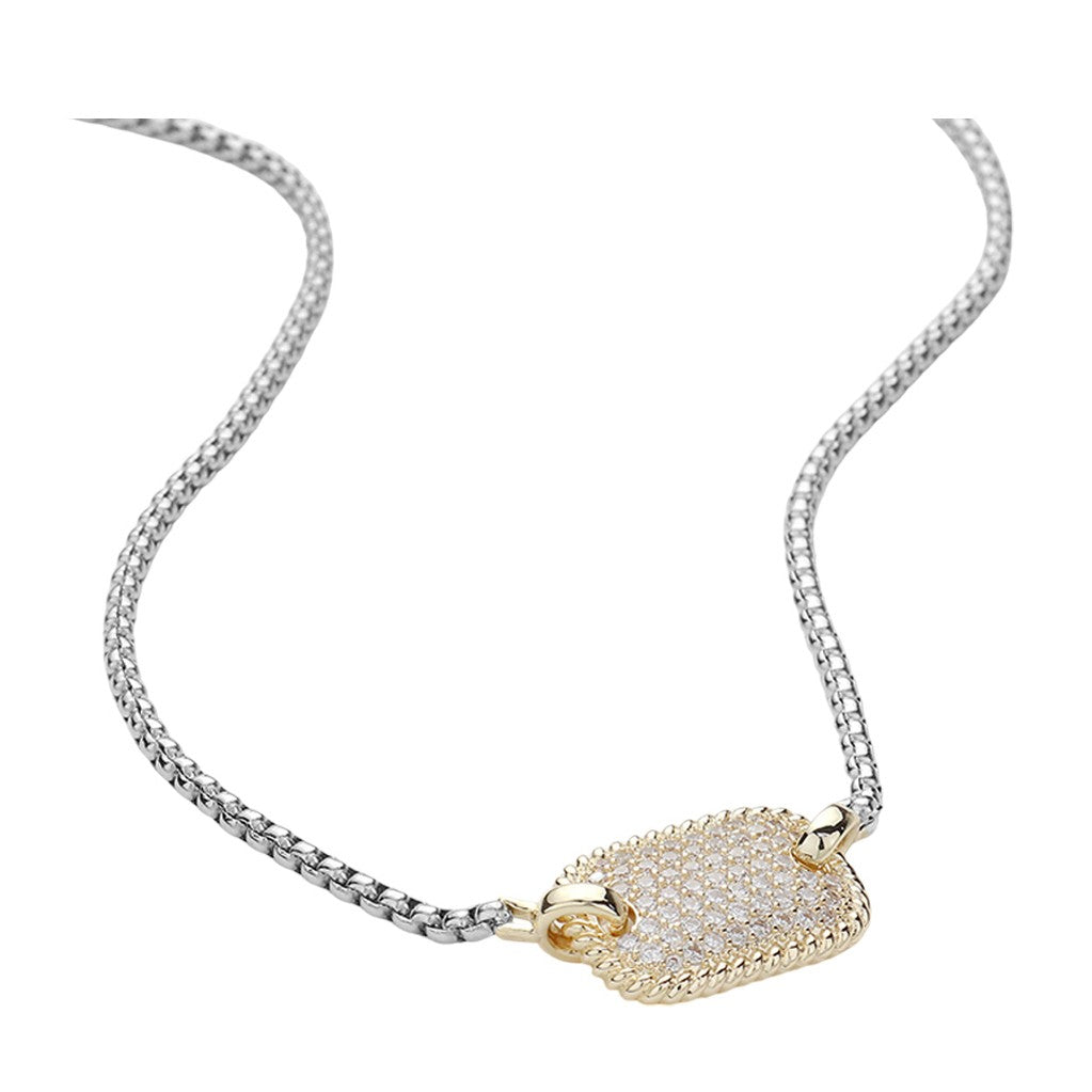 14K Gold Plated CZ Cubic Zirconia Pave Rectangle Plate Pendant Necklace