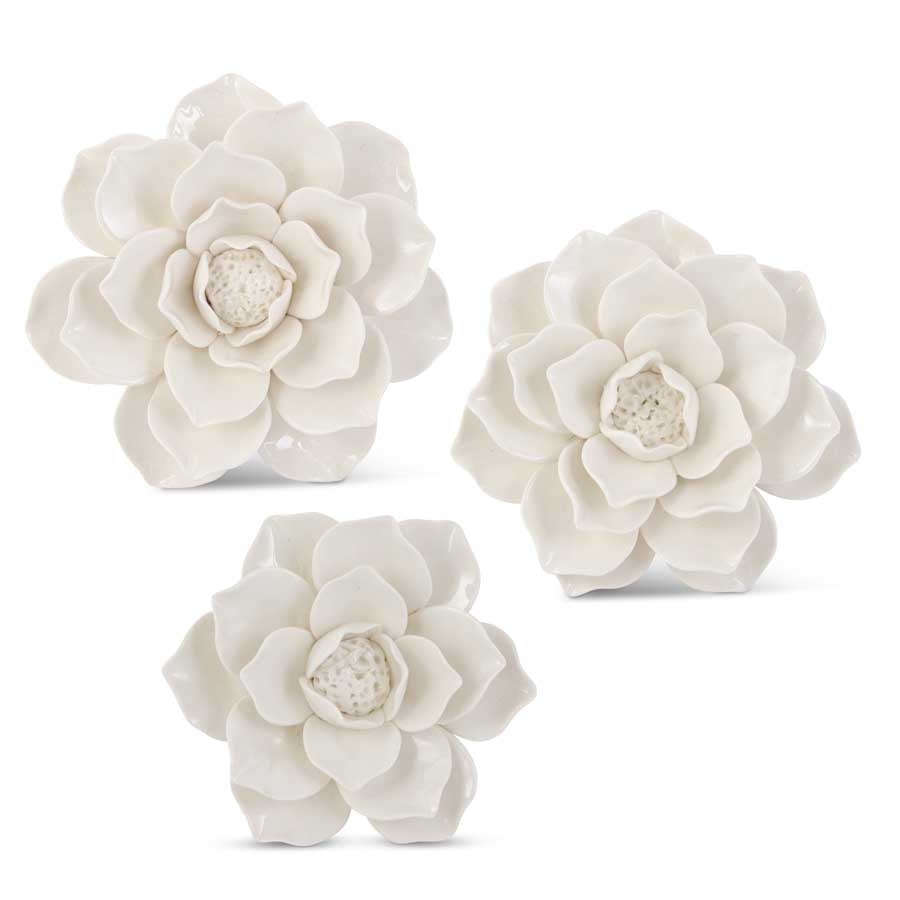 Wall Hanging Glossy Ceramic White Flowers (Set of 3)