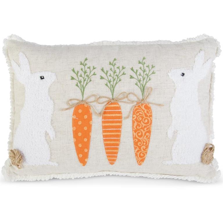 Linen Throw Pillow with Rabbits and Carrots