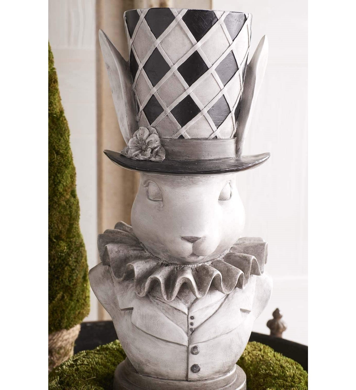 Gray & Black Bunny Rabbit Bust with Top Hat Container Vase