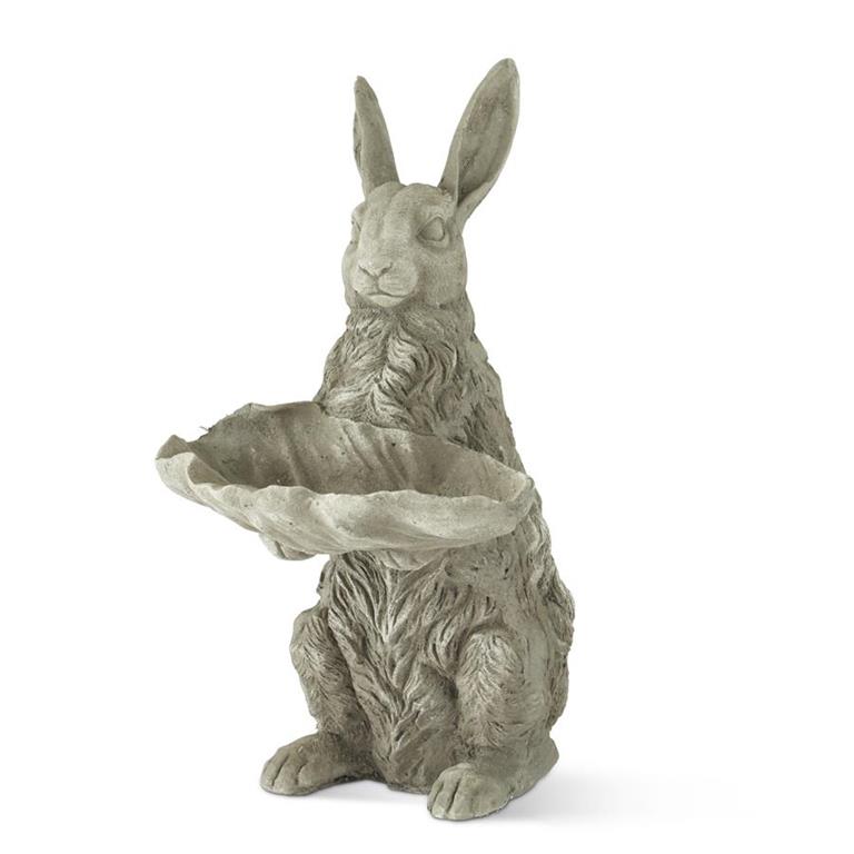 Stone Garden Bunny Rabbit Holding Leaf Tray