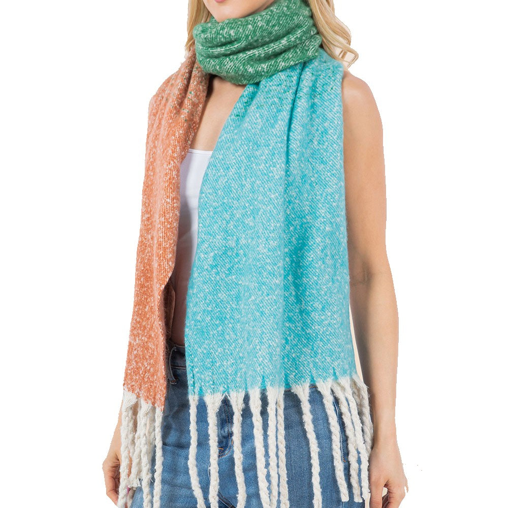 Three Tone Soft Twisted Fringe Scarf (Green)