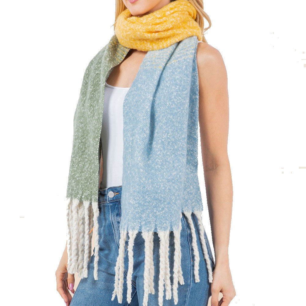 Three Tone Soft Twisted Fringe Scarf (Yellow)