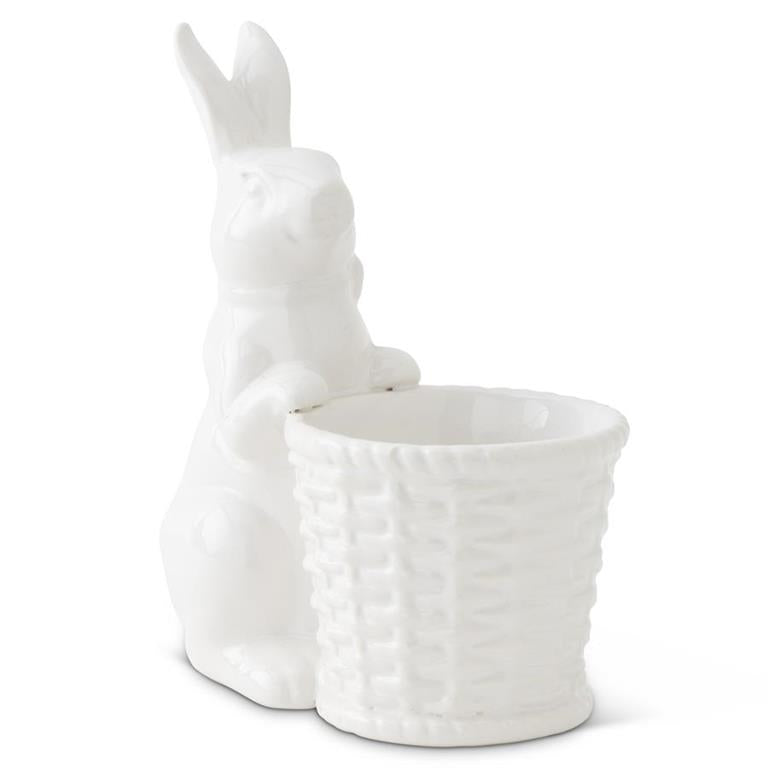 White Ceramic Bunny Rabbit Holding Basket