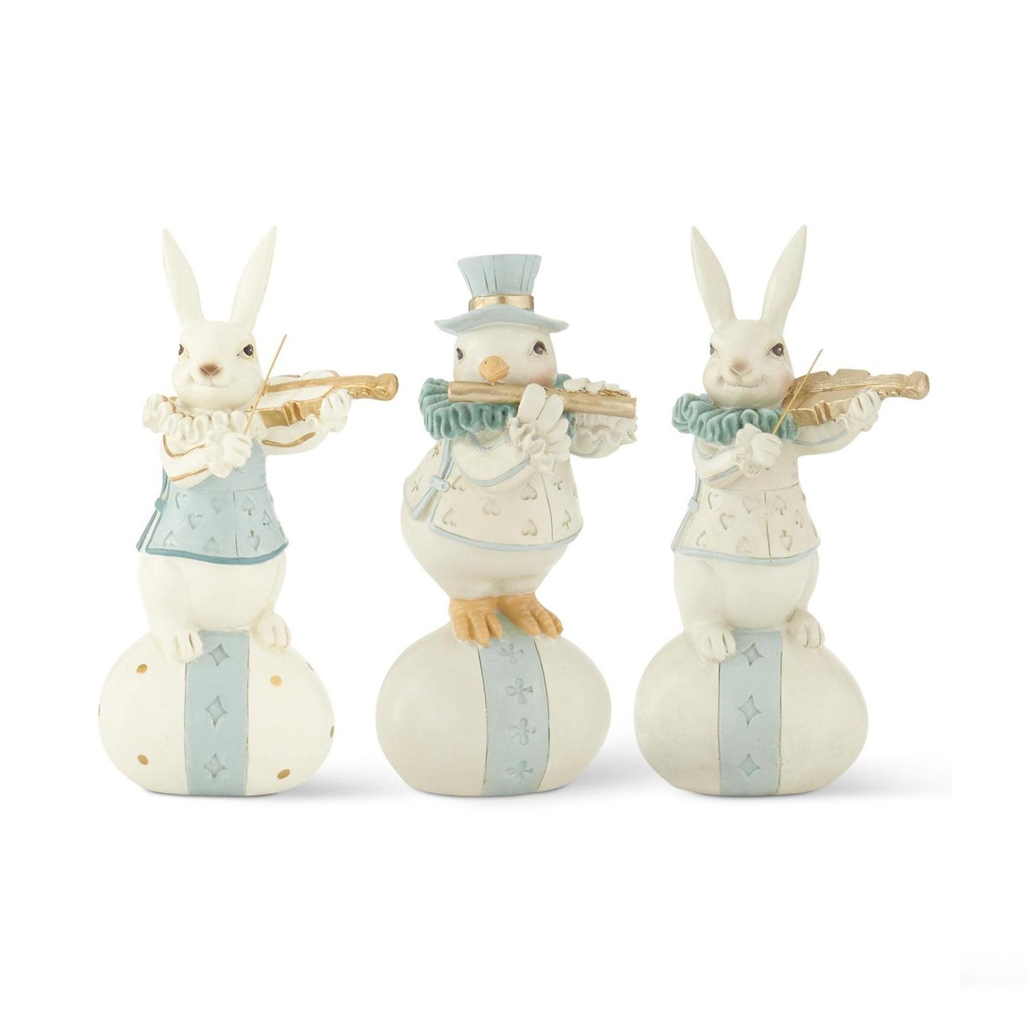 Pastel Instrument Playing Easter Bunny Rabbits and Chick Figurines (Set of 3)