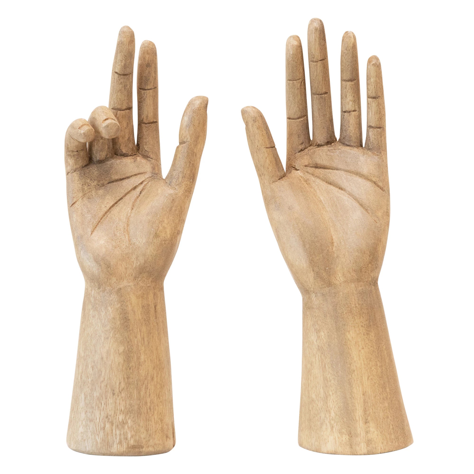 Hand-Carved Mango Wood Hands, Large (Hangs or Sits, Set of 2)