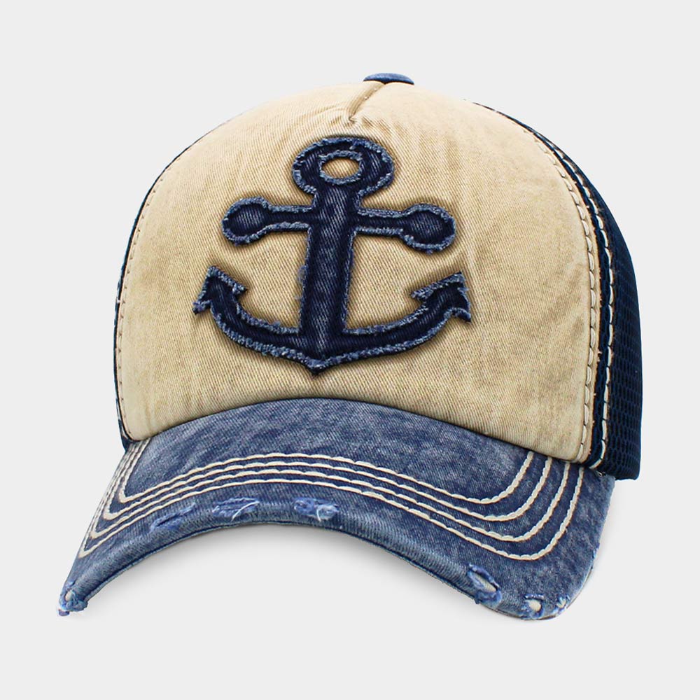 Anchor Mesh Back Vintage Baseball Cap Hat (Beige)