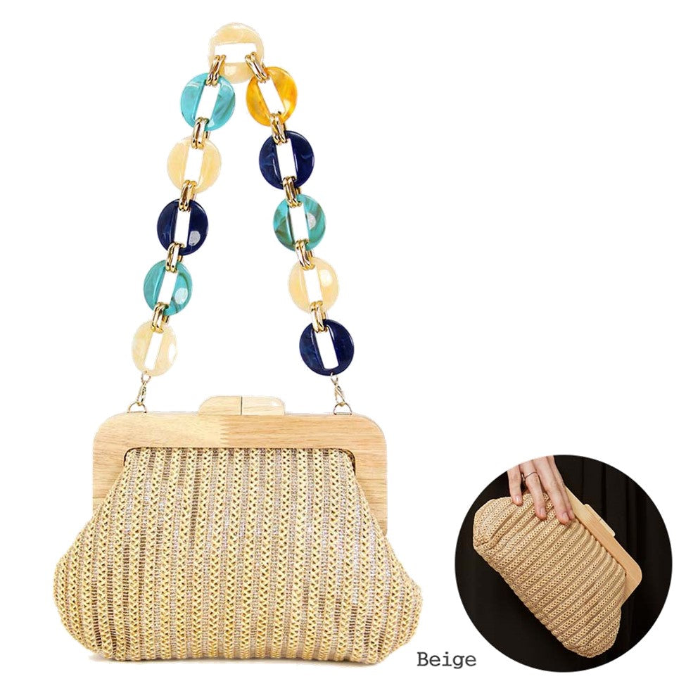 Bead Handle Wood Woven Purse - Clutch Bag (Beige)
