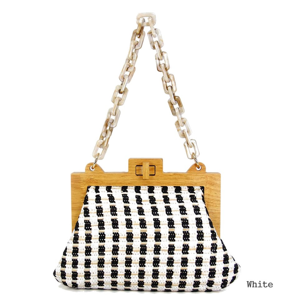 Bead Handle Wood Woven Purse - Clutch Bag (White)