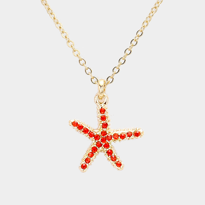 Beaded Starfish Pendant Necklace (Red)
