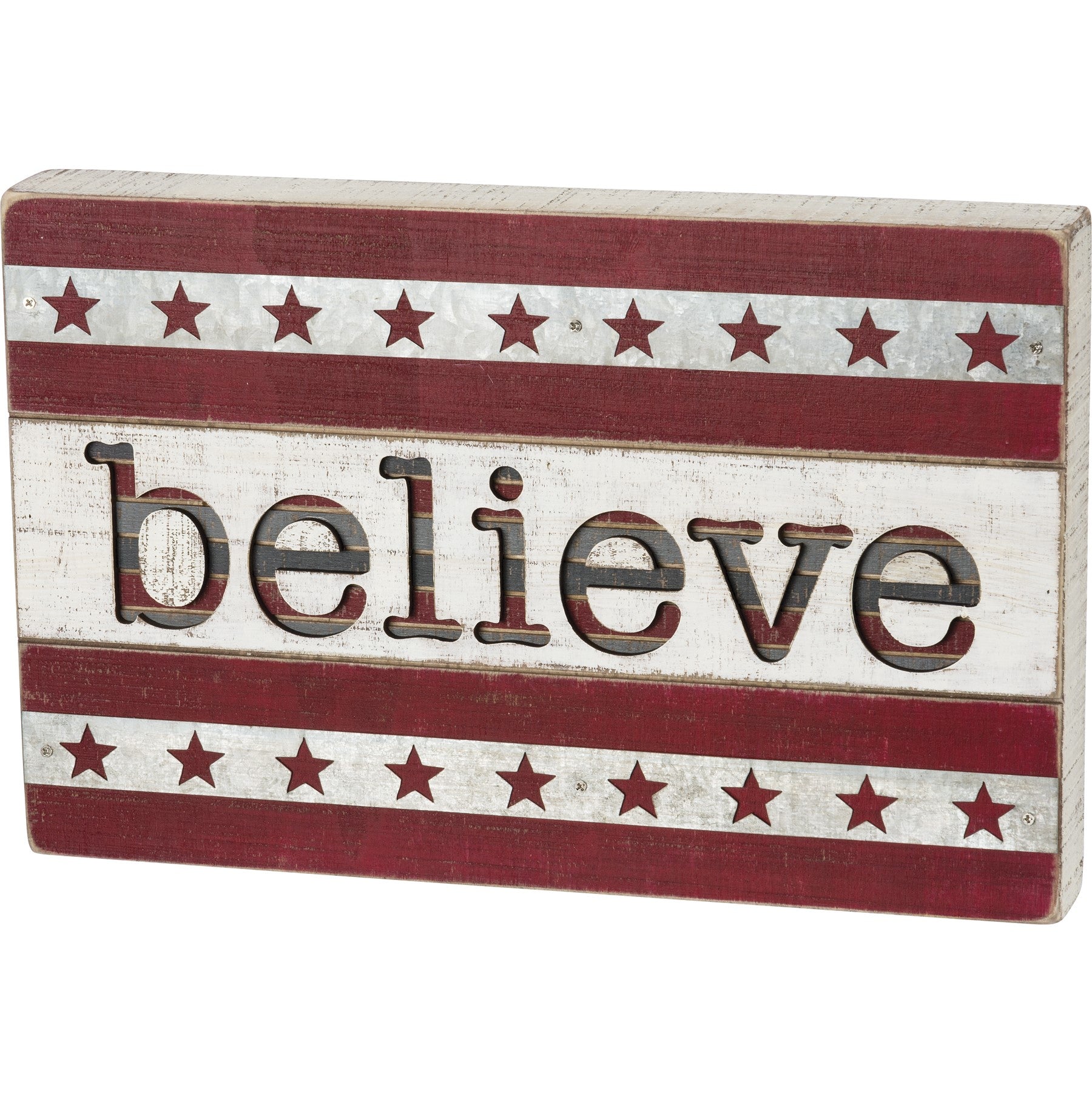 Believe Striped Slat Box Sign with Stars