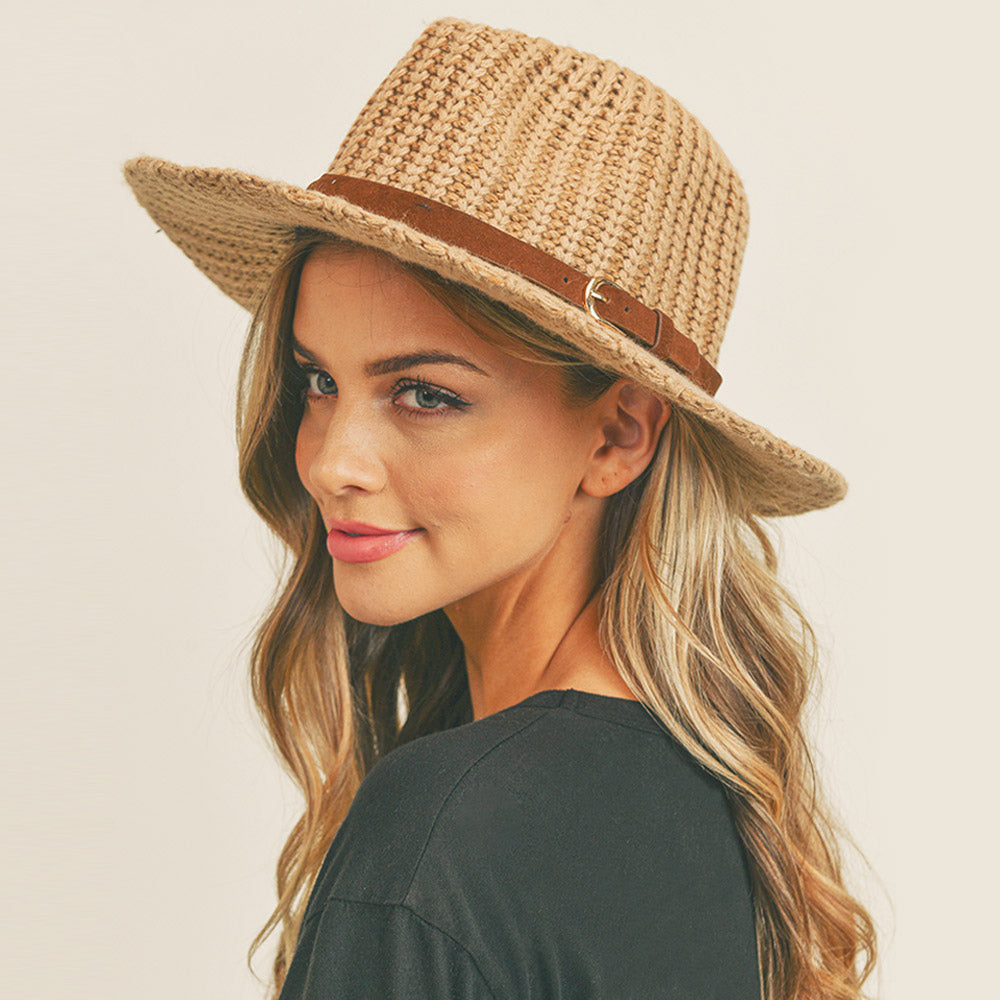 Belt Band Knit Fedora Panama Hat (Tan)