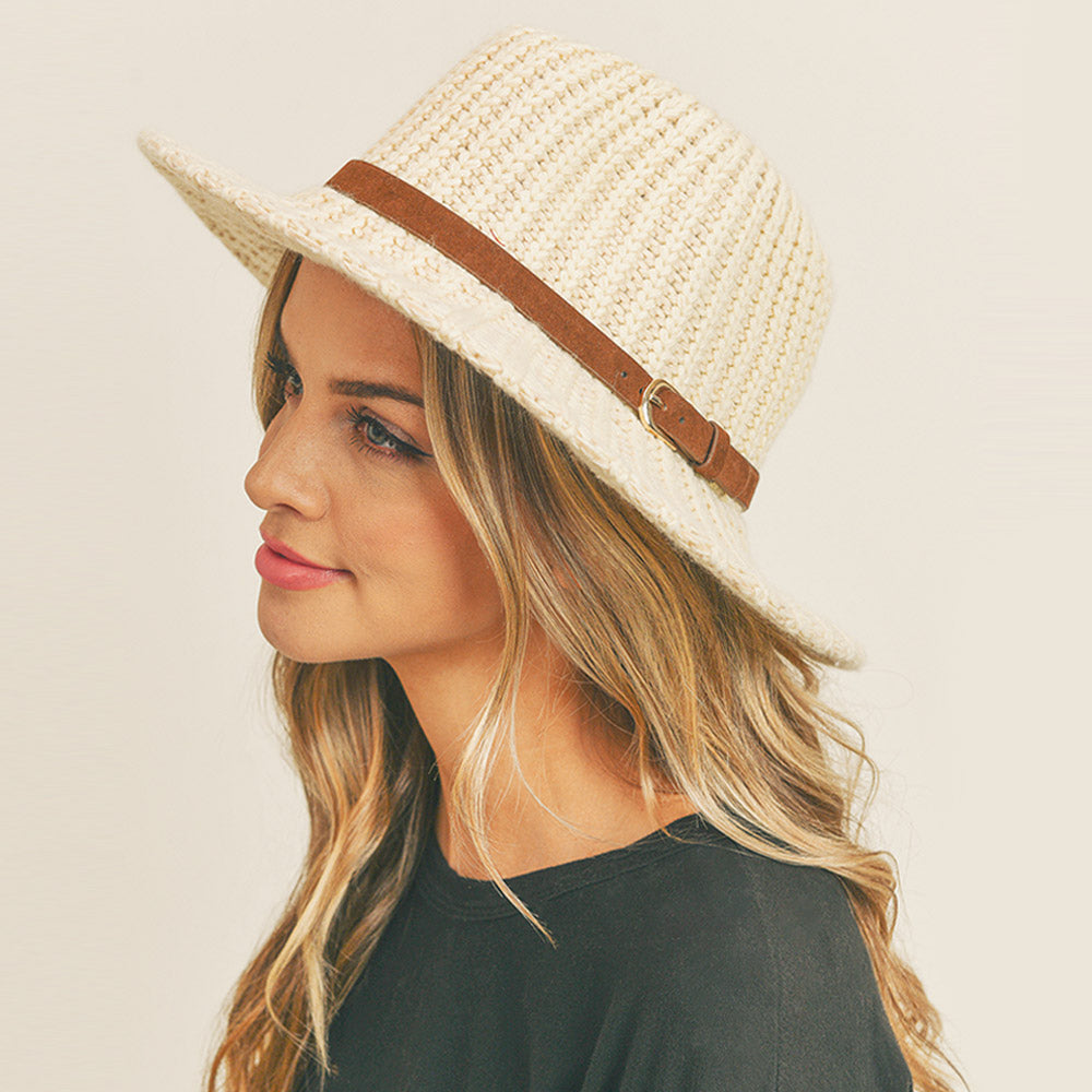 Belt Band Knit Fedora Panama Hat (Ivory)