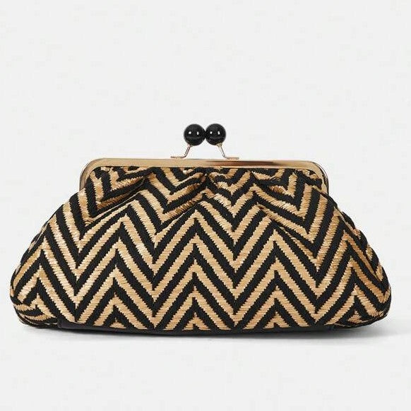 Zig Zag Woven Clutch, Handbag, Purse (Black, Tan)