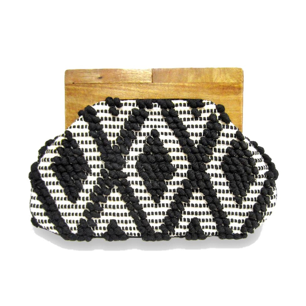 Boho Wood Handle Clutch Purse - Handbag (Black & White)
