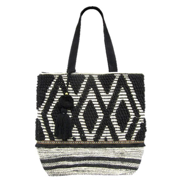 Black Cream Boho Pom Pom Tassel Tote Bag