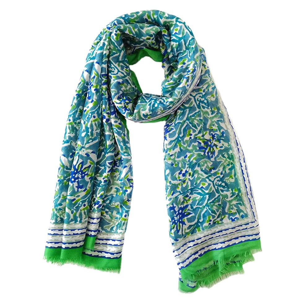 Bordered Floral Scarf Shawl (Blue & Green)