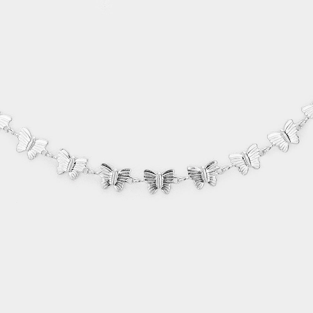 Solid Brass Metal Butterfly Necklace (Silver)