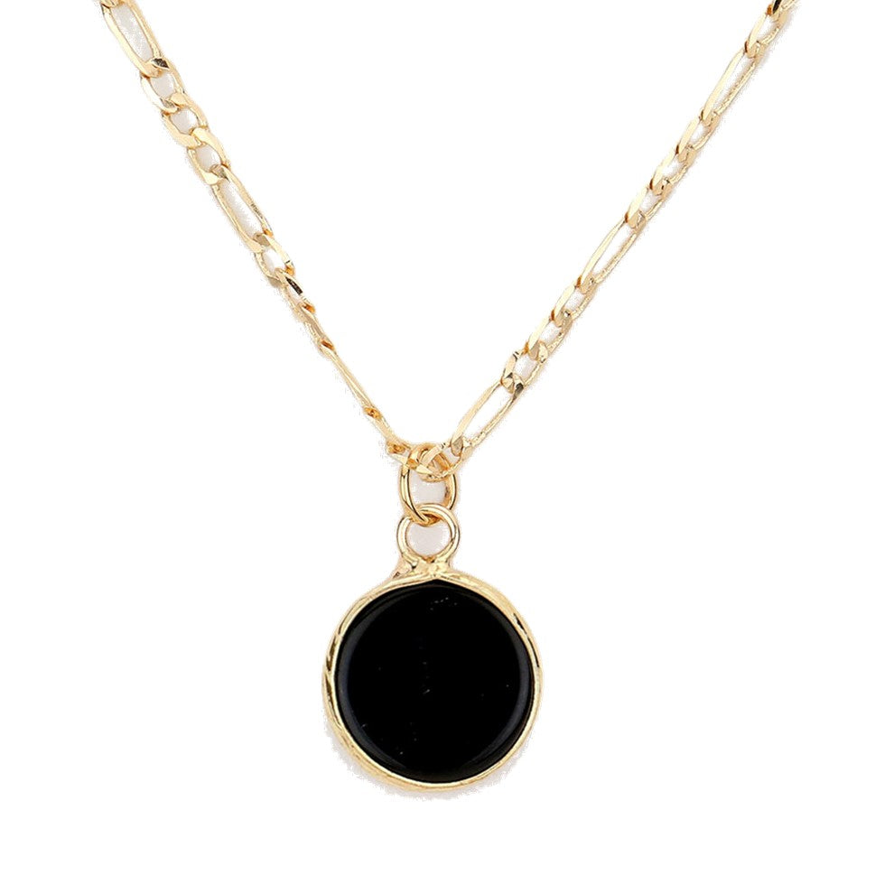 Natural Stone Round Pendant Necklace (Black, Gold)