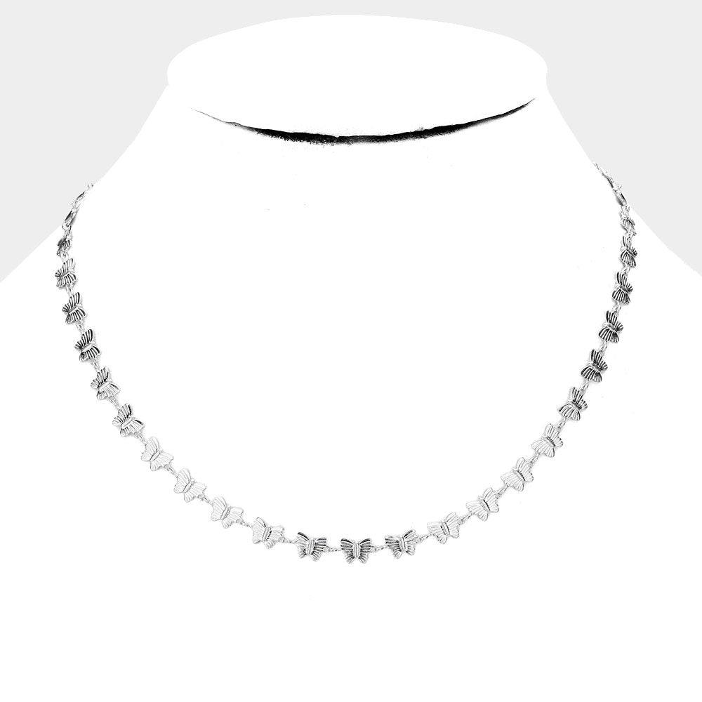 Solid Brass Metal Butterfly Necklace (Silver)