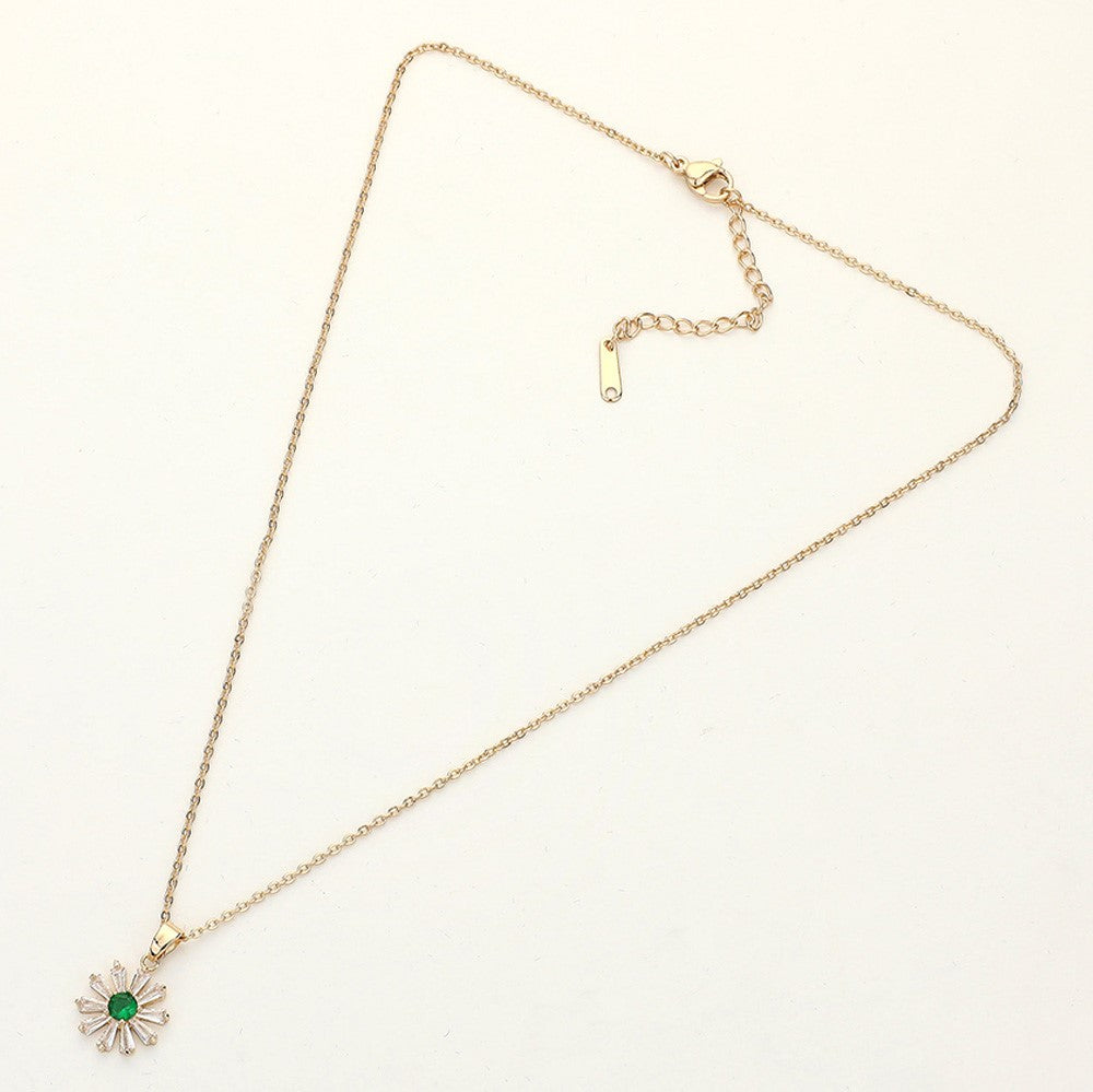 CZ Cubic Zirconia Flower Stone Pendant Necklace (Emerald Green, Clear)