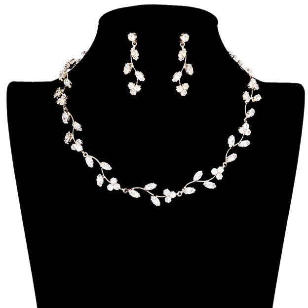 Berry, Leaf, and Vine Sprout Cubic Zirconia Necklace and Earring Set (Silver)