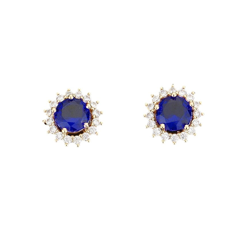 Round CZ Cubic Zirconia Halo Stone Clusters Classic Evening Stud Earrings (blue, gold)