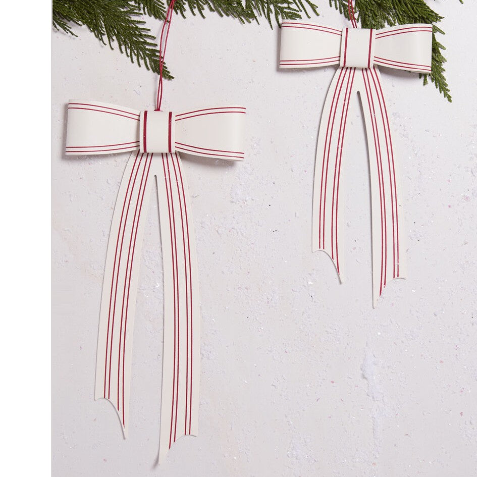 Candace White and Red Striped Bow Christmas Tree Ornament (Set of 2)