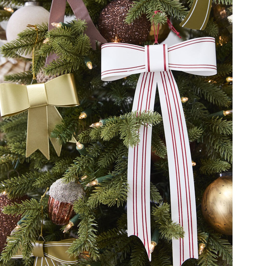Candace White and Red Striped Bow Christmas Tree Ornament (Set of 2)