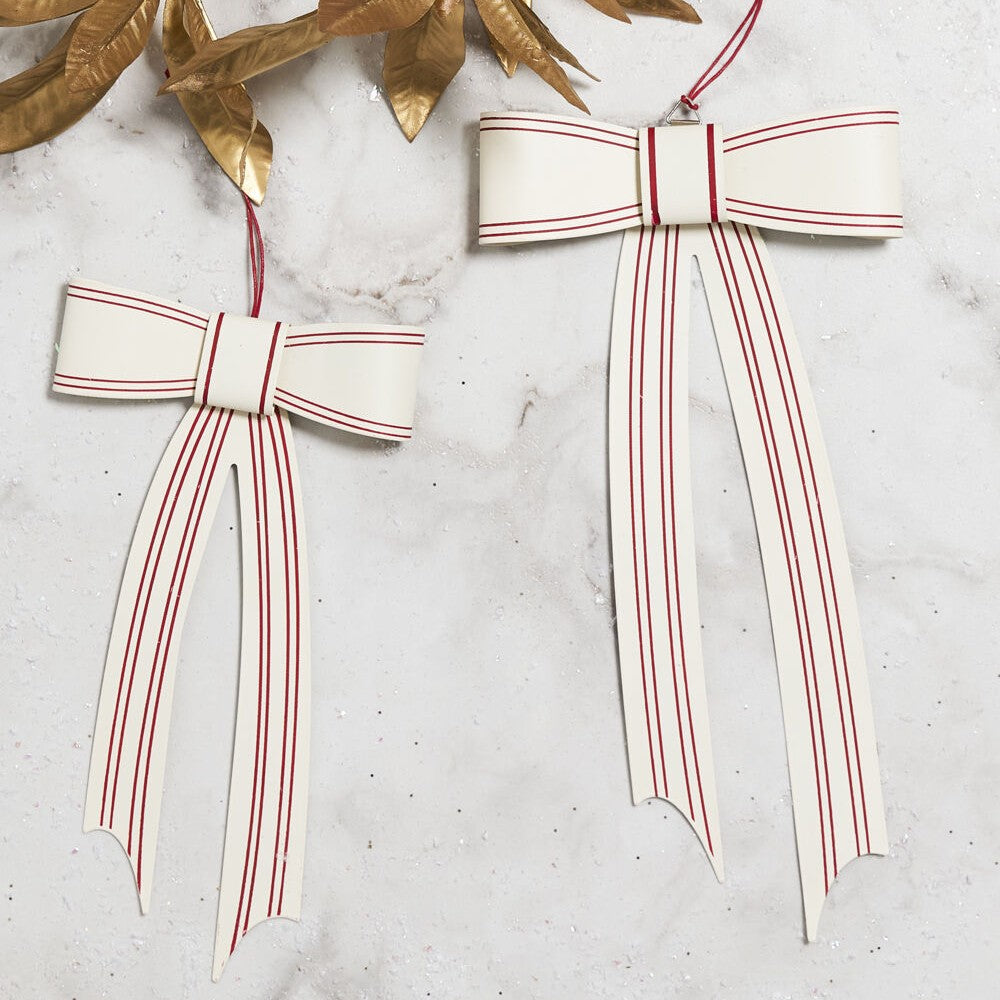 Candace White and Red Striped Bow Christmas Tree Ornament (Set of 2)