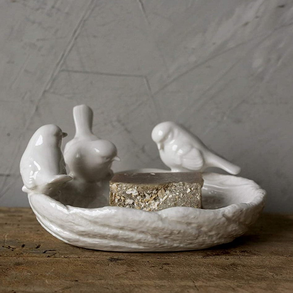White Ceramic Leaf Dish with Birds