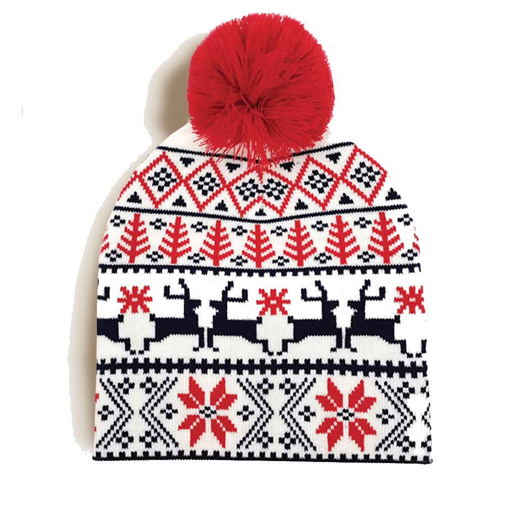 Nordic Reindeer Pom Pom Knit Beanie Hat