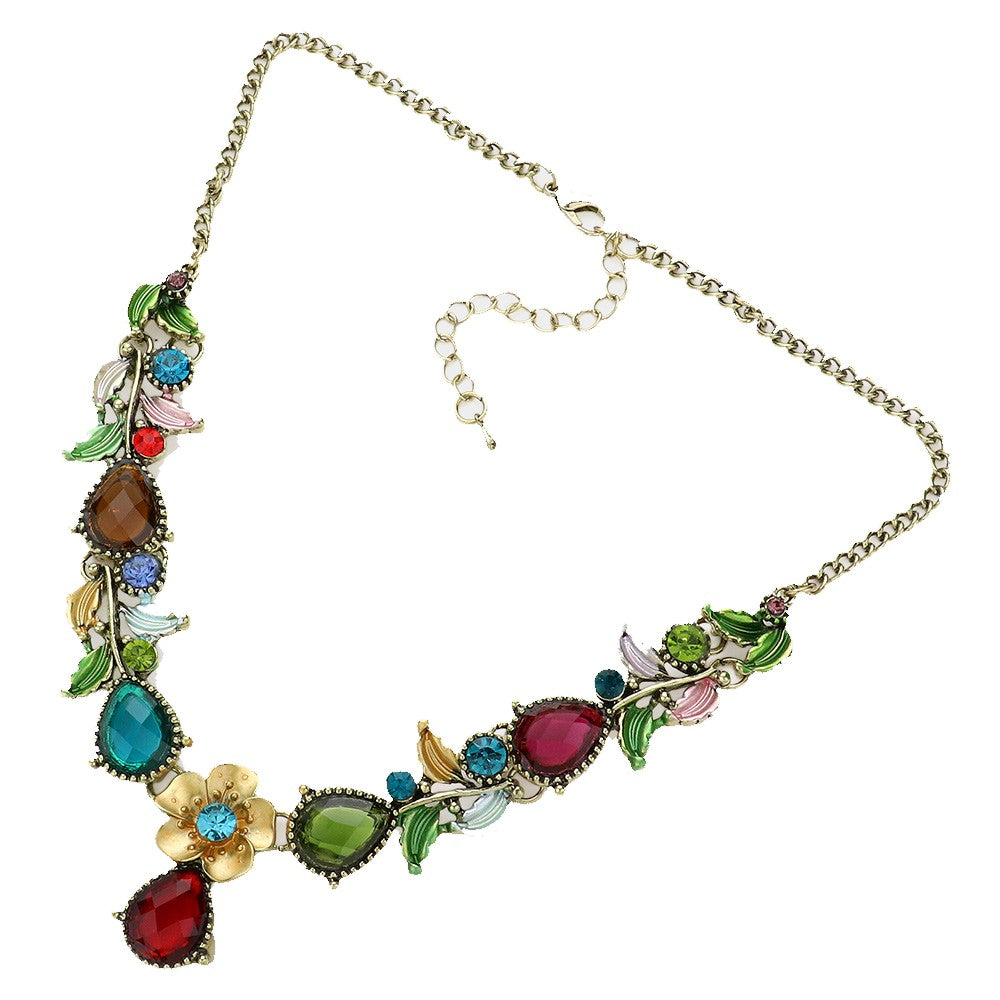 Flower and Leaf Gemstone Teardrop Stone Bib Necklace