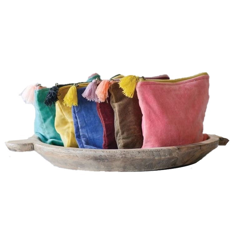 Cotton Velvet Zippered Pouch, Bag, Wallet, Clutch - Tasseled Purse - Brown