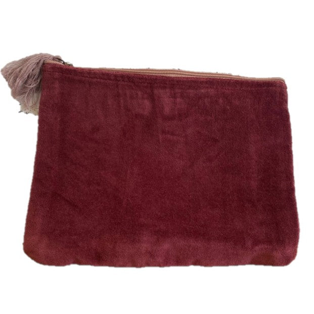 Cotton Velvet Zippered Pouch, Bag, Wallet, Clutch - Tasseled Purse - Burgundy