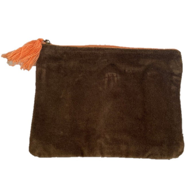Cotton Velvet Zippered Pouch, Bag, Wallet, Clutch - Tasseled Purse - Brown