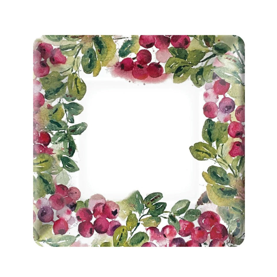 Cranberry Wreath Square Paper Salad Dessert Plates (8 per pack)