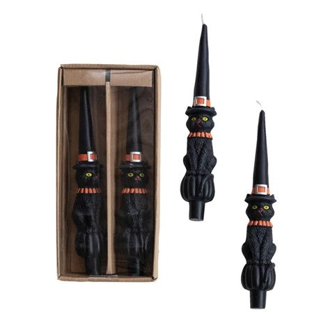 Black Cat with Witch Hat Shaped Taper Candles in Box, Set of 2