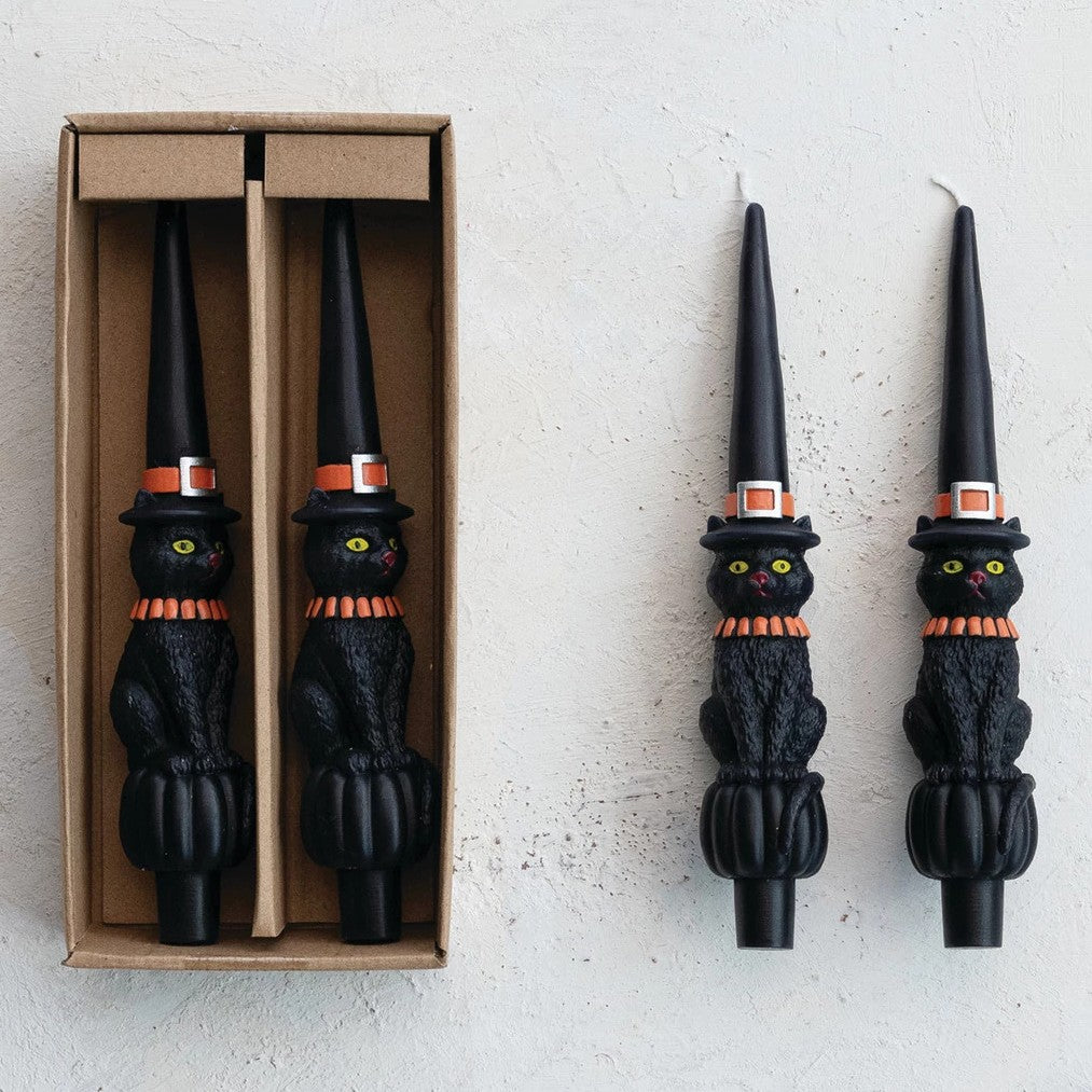 Black Cat with Witch Hat Shaped Taper Candles in Box, Set of 2