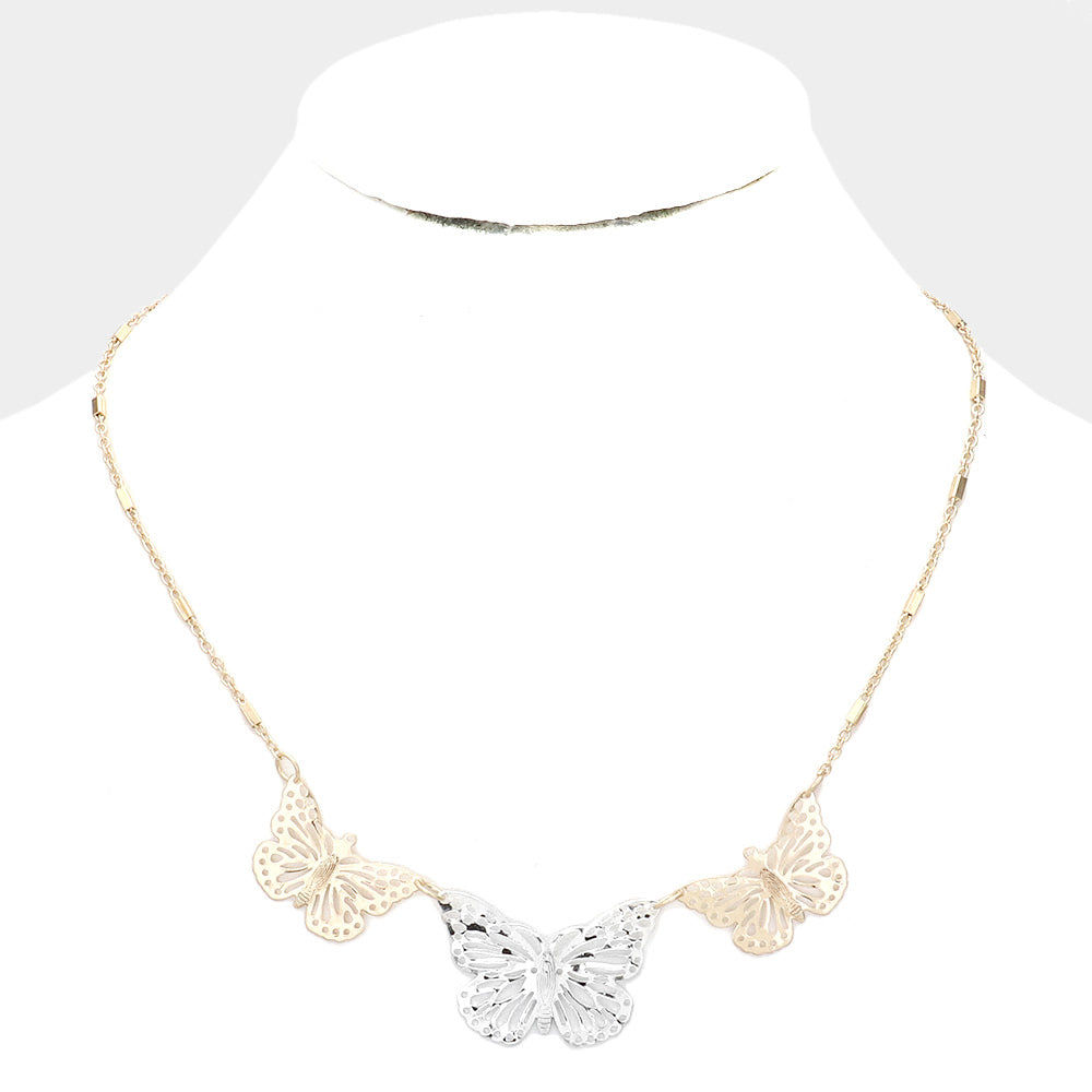 Triple Gold & Silver Butterfly Necklace