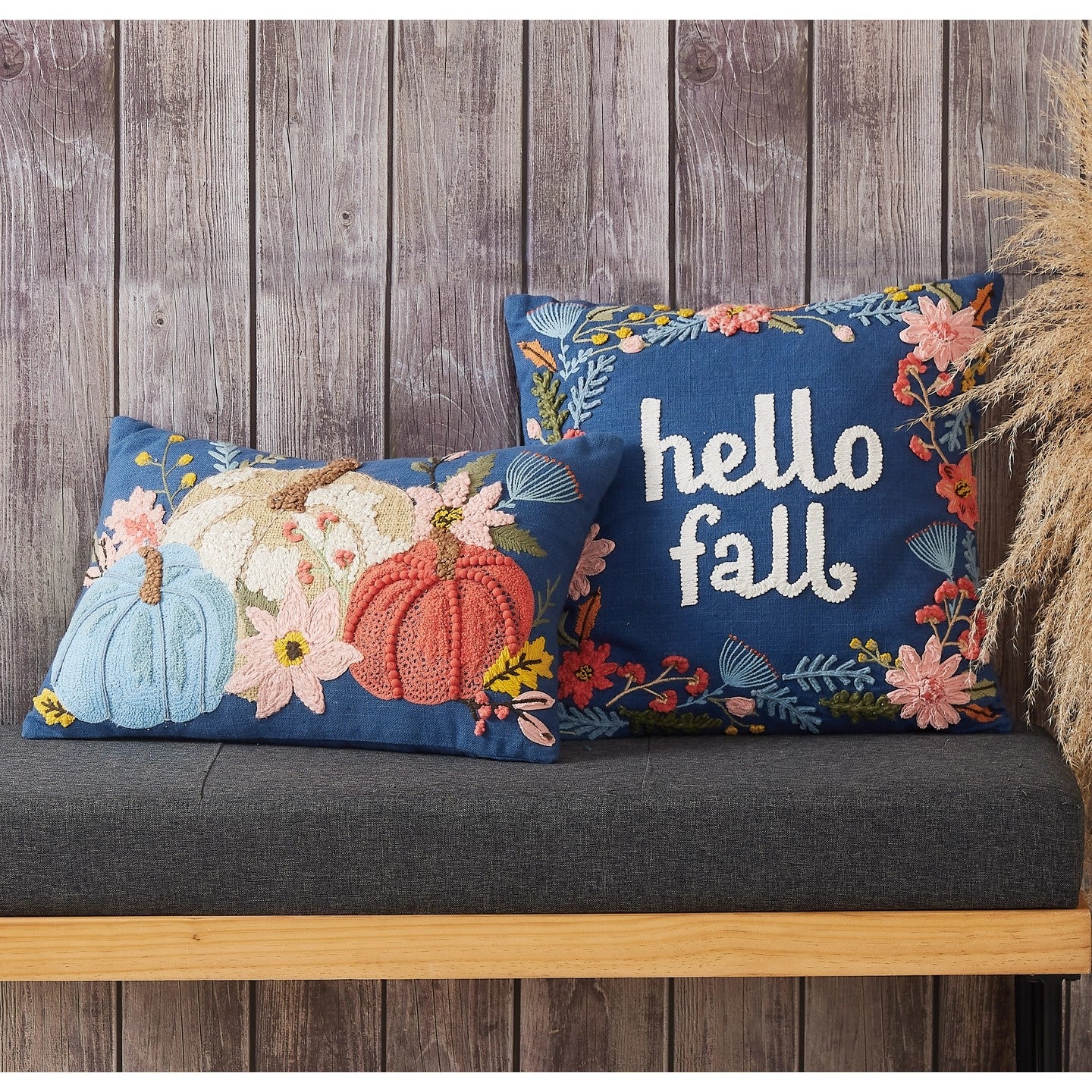 Blue Pumpkin Trio Embroidered Throw Pillow