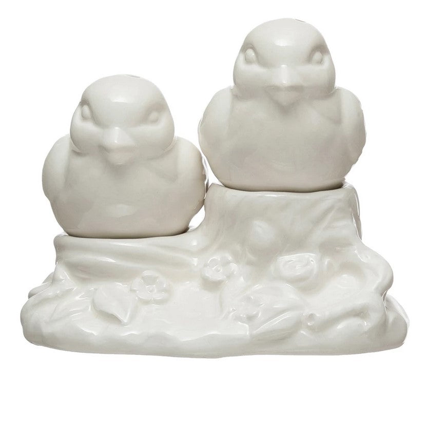White Bird Salt & Pepper Shakers on Tree Stump